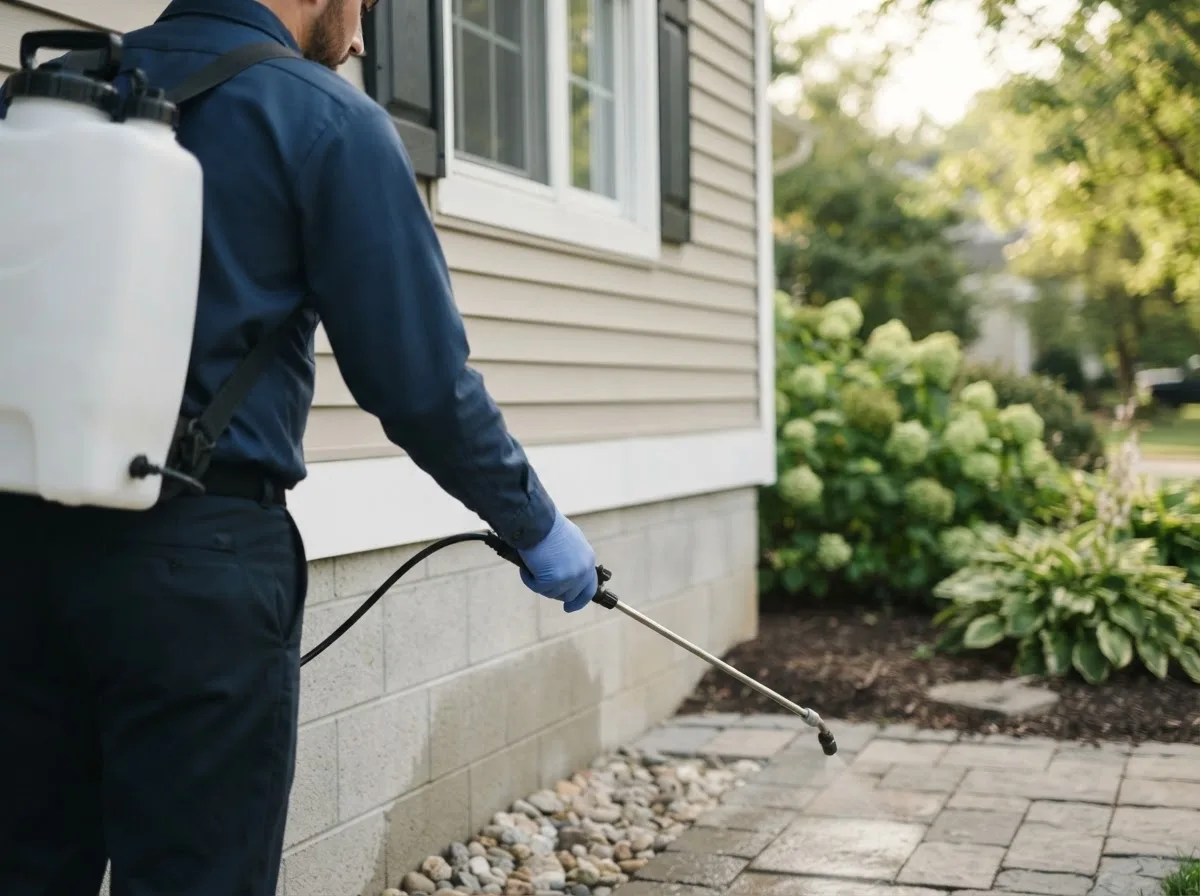 Pest control technician inspecting a home in Port Clinton, PA
